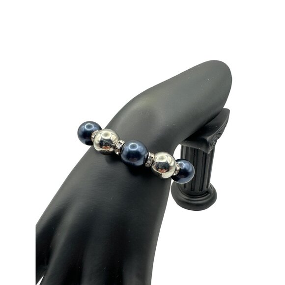 Silver and Blue Beaded Stretch Bracelet with Rhinestone Rondelle Spacers - Picture 2 of 5